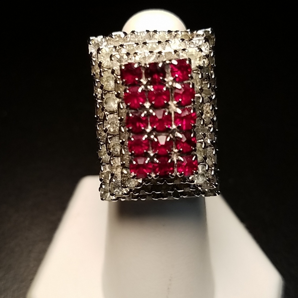 Huge Stacked Bling Ring Red Clear Rhinestones